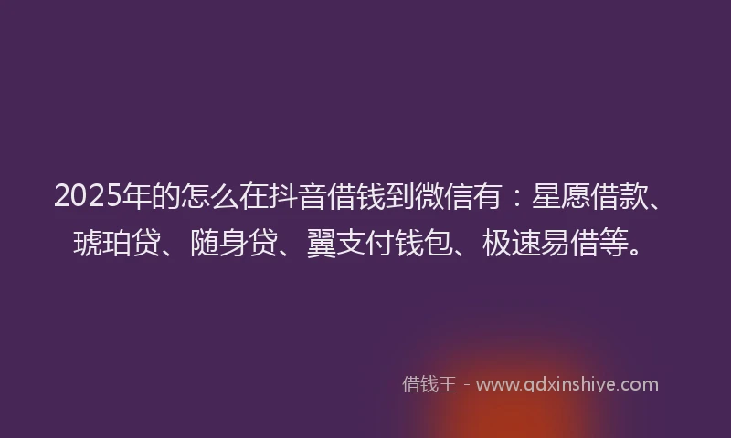 2025年的怎么在抖音借钱到微信有：星愿借款、琥珀贷、随身贷、翼支付钱包、极速易借等。