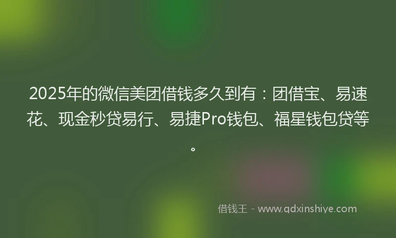 2025年的微信美团借钱多久到有：团借宝、易速花、现金秒贷易行、易捷Pro钱包、福星钱包贷等。
