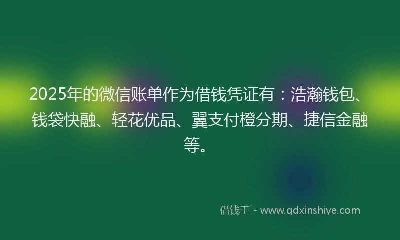 2025年的微信账单作为借钱凭证有：浩瀚钱包、钱袋快融、轻花优品、翼支付橙分期、捷信金融等。