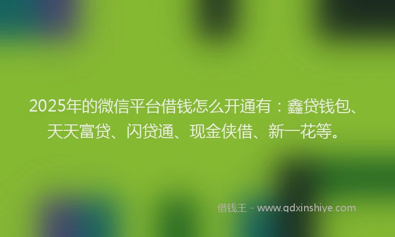 2025年的微信平台借钱怎么开通有：鑫贷钱包、天天富贷、闪贷通、现金侠借、新一花等。