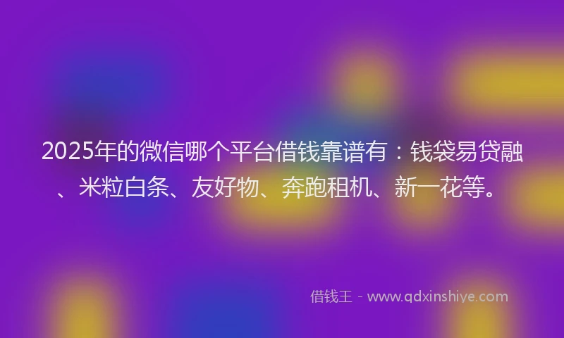 2025年的微信哪个平台借钱靠谱有：钱袋易贷融、米粒白条、友好物、奔跑租机、新一花等。