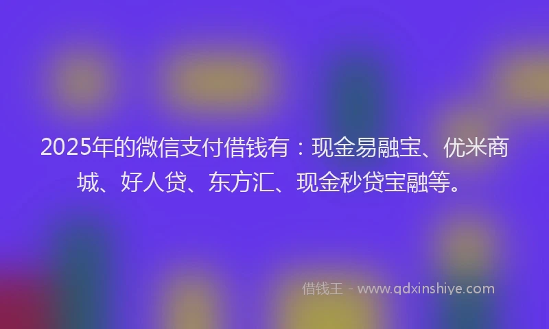 2025年的微信支付借钱有：现金易融宝、优米商城、好人贷、东方汇、现金秒贷宝融等。