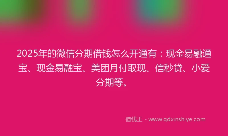 2025年的微信分期借钱怎么开通有:现金易融通宝、现金易融宝、美团月付取现、信秒贷、小爱分期等。