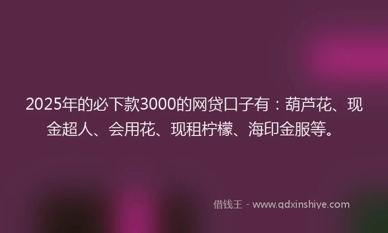 2025年的必下款3000的网贷口子有：葫芦花、现金超人、会用花、现租柠檬、海印金服等。