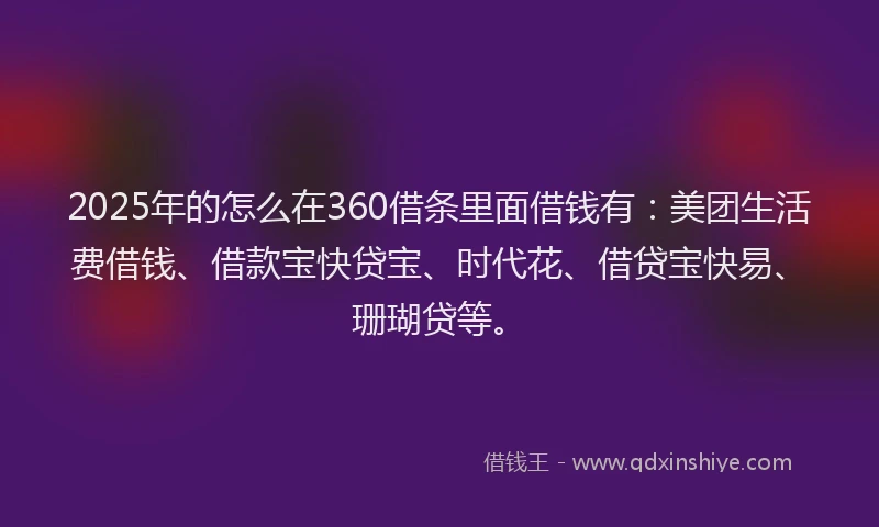 2025年的怎么在360借条里面借钱有：美团生活费借钱、借款宝快贷宝、时代花、借贷宝快易、珊瑚贷等。