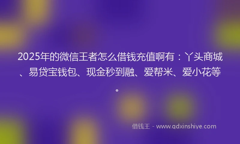 2025年的微信王者怎么借钱充值啊有：丫头商城、易贷宝钱包、现金秒到融、爱帮米、爱小花等。