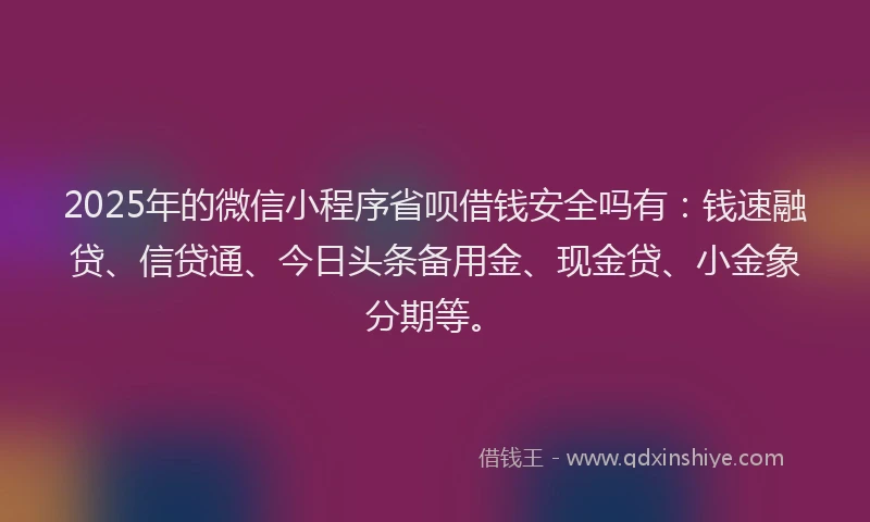 2025年的微信小程序省呗借钱安全吗有：钱速融贷、信贷通、今日头条备用金、现金贷、小金象分期等。