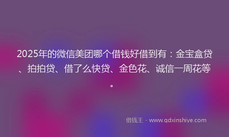 2025年的微信美团哪个借钱好借到有：金宝盒贷、拍拍贷、借了么快贷、金色花、诚信一周花等。
