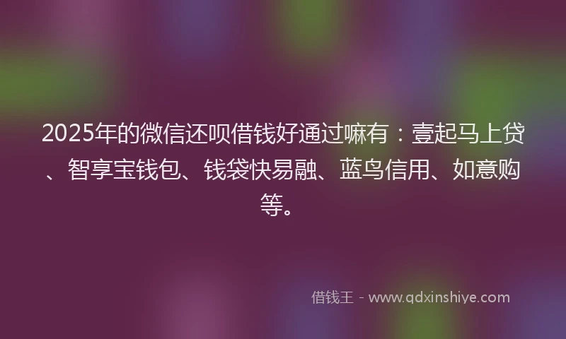 2025年的微信还呗借钱好通过嘛有：壹起马上贷、智享宝钱包、钱袋快易融、蓝鸟信用、如意购等。