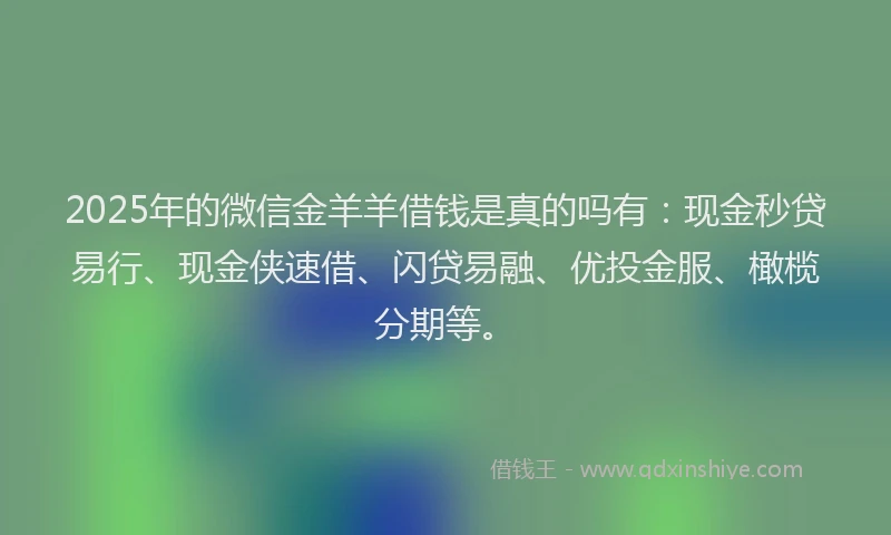 2025年的微信金羊羊借钱是真的吗有：现金秒贷易行、现金侠速借、闪贷易融、优投金服、橄榄分期等。