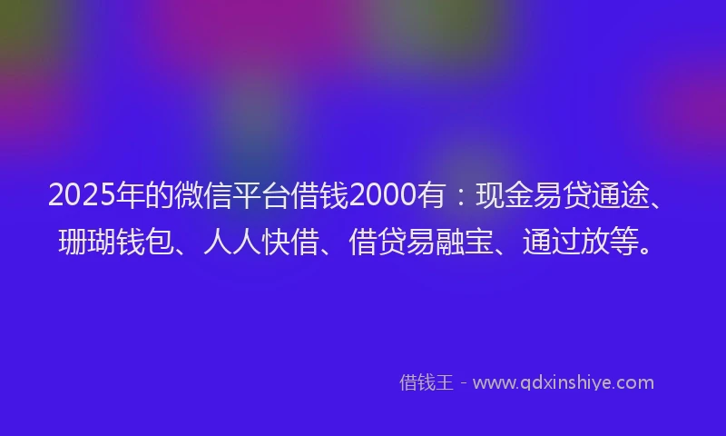 2025年的微信平台借钱2000有：现金易贷通途、珊瑚钱包、人人快借、借贷易融宝、通过放等。