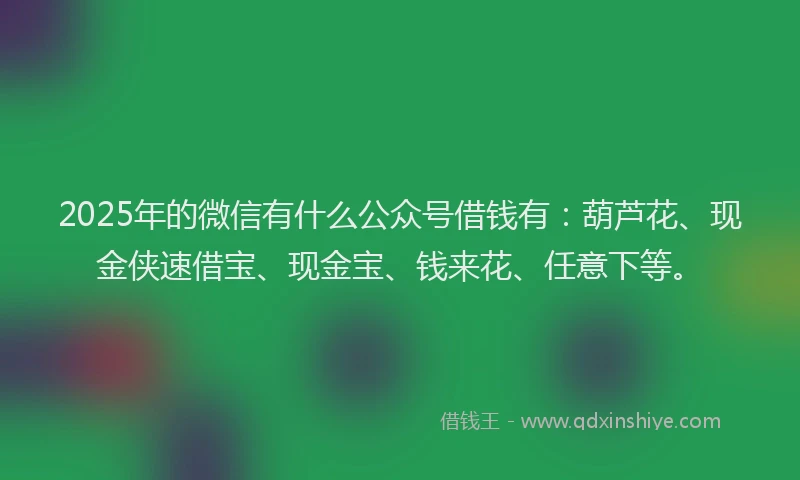 2025年的微信有什么公众号借钱有：葫芦花、现金侠速借宝、现金宝、钱来花、任意下等。