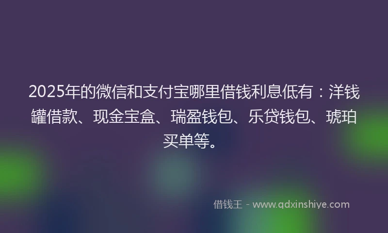 2025年的微信和支付宝哪里借钱利息低有：洋钱罐借款、现金宝盒、瑞盈钱包、乐贷钱包、琥珀买单等。