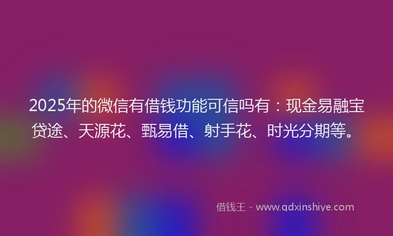 2025年的微信有借钱功能可信吗有：现金易融宝贷途、天源花、甄易借、射手花、时光分期等。