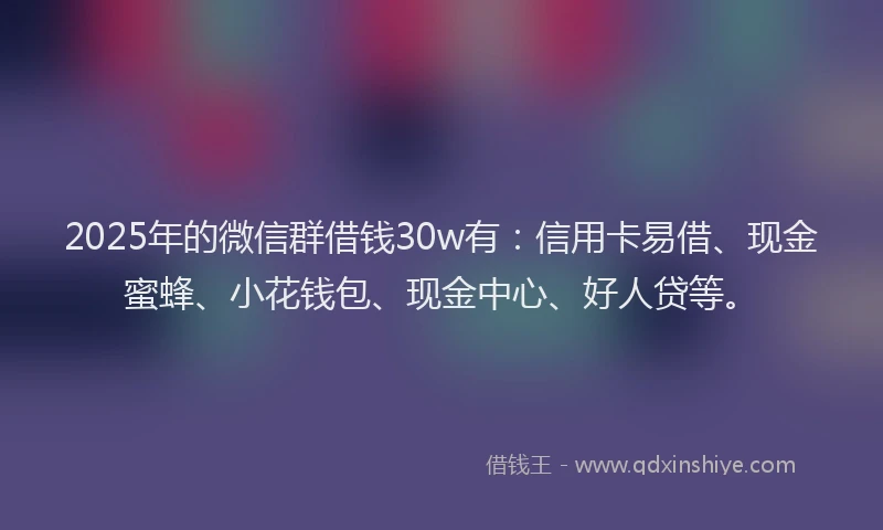 2025年的微信群借钱30w有：信用卡易借、现金蜜蜂、小花钱包、现金中心、好人贷等。