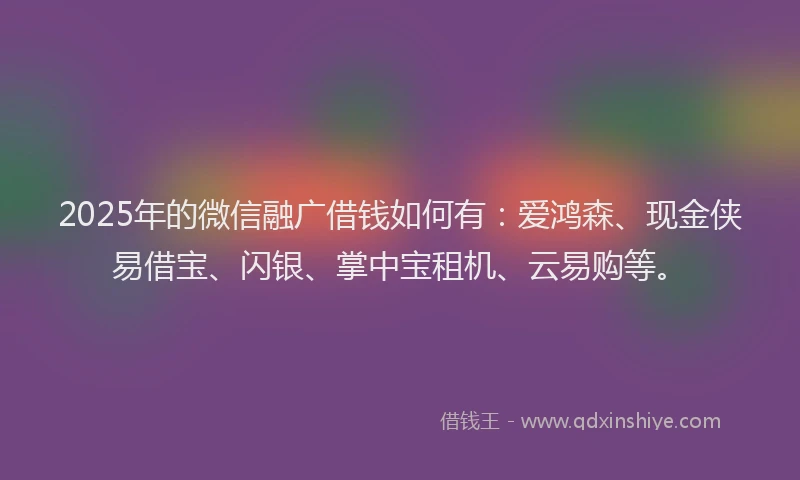 2025年的微信融广借钱如何有：爱鸿森、现金侠易借宝、闪银、掌中宝租机、云易购等。