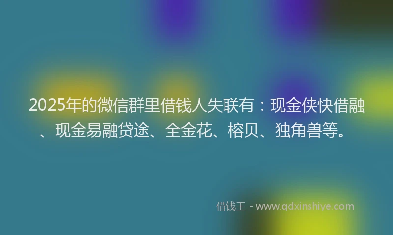 2025年的微信群里借钱人失联有：现金侠快借融、现金易融贷途、全金花、榕贝、独角兽等。