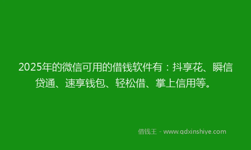 2025年的微信可用的借钱软件有：抖享花、瞬信贷通、速享钱包、轻松借、掌上信用等。
