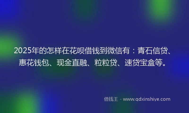 2025年的怎样在花呗借钱到微信有：青石信贷、惠花钱包、现金直融、粒粒贷、速贷宝盒等。