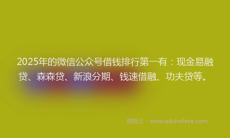 2025年的微信公众号借钱排行第一有：现金易融贷、森森贷、新浪分期、钱速借融、功夫贷等。