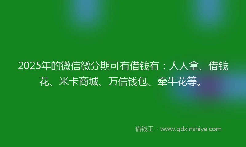2025年的微信微分期可有借钱有：人人拿、借钱花、米卡商城、万信钱包、牵牛花等。