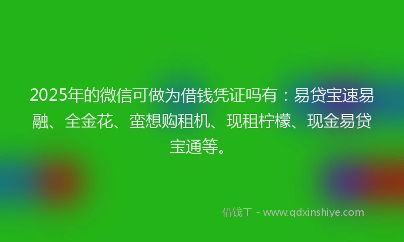 2025年的微信可做为借钱凭证吗有：易贷宝速易融、全金花、蛮想购租机、现租柠檬、现金易贷宝通等。