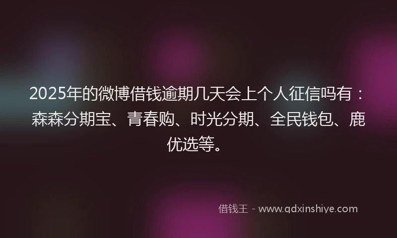 2025年的微博借钱逾期几天会上个人征信吗有：森森分期宝、青春购、时光分期、全民钱包、鹿优选等。