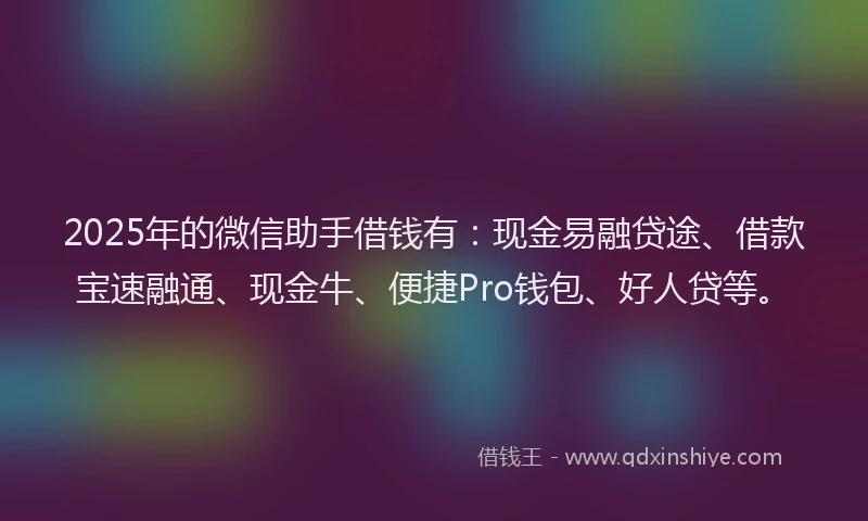 2025年的微信助手借钱有：现金易融贷途、借款宝速融通、现金牛、便捷Pro钱包、好人贷等。
