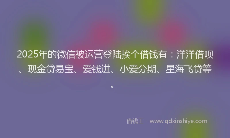 2025年的微信被运营登陆挨个借钱有：洋洋借呗、现金贷易宝、爱钱进、小爱分期、星海飞贷等。