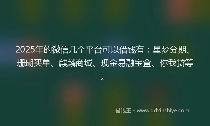2025年的微信几个平台可以借钱有：星梦分期、珊瑚买单、麒麟商城、现金易融宝盒、你我贷等。