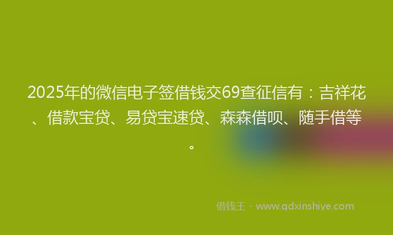 2025年的微信电子签借钱交69查征信有：吉祥花、借款宝贷、易贷宝速贷、森森借呗、随手借等。