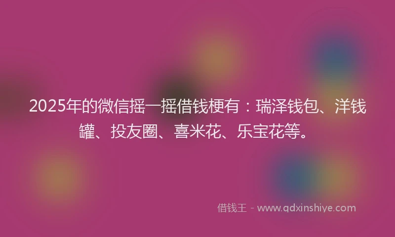 2025年的微信摇一摇借钱梗有：瑞泽钱包、洋钱罐、投友圈、喜米花、乐宝花等。