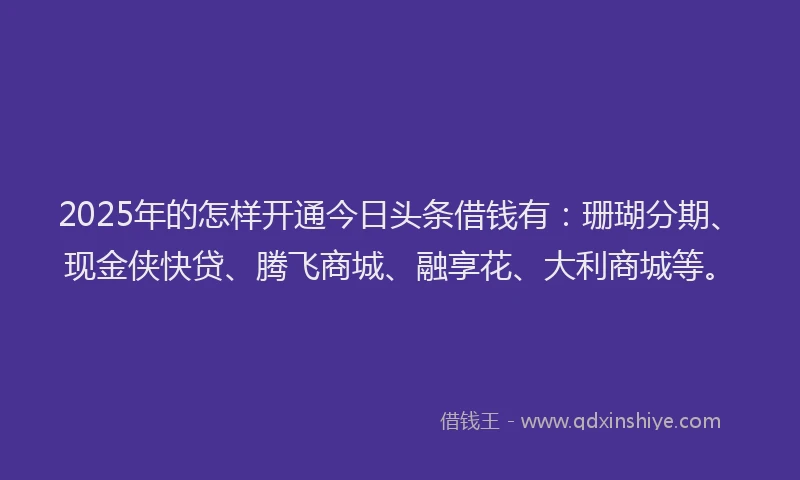 2025年的怎样开通今日头条借钱有：珊瑚分期、现金侠快贷、腾飞商城、融享花、大利商城等。