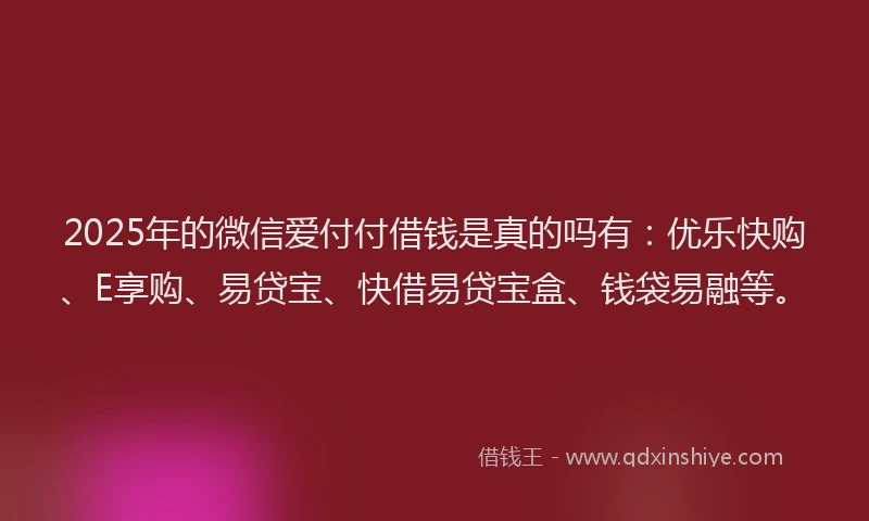 2025年的微信爱付付借钱是真的吗有：优乐快购、E享购、易贷宝、快借易贷宝盒、钱袋易融等。