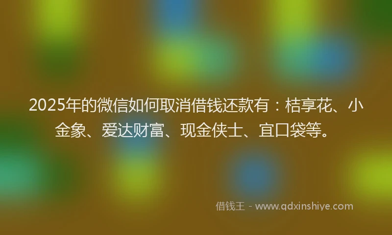 2025年的微信如何取消借钱还款有：桔享花、小金象、爱达财富、现金侠士、宜口袋等。
