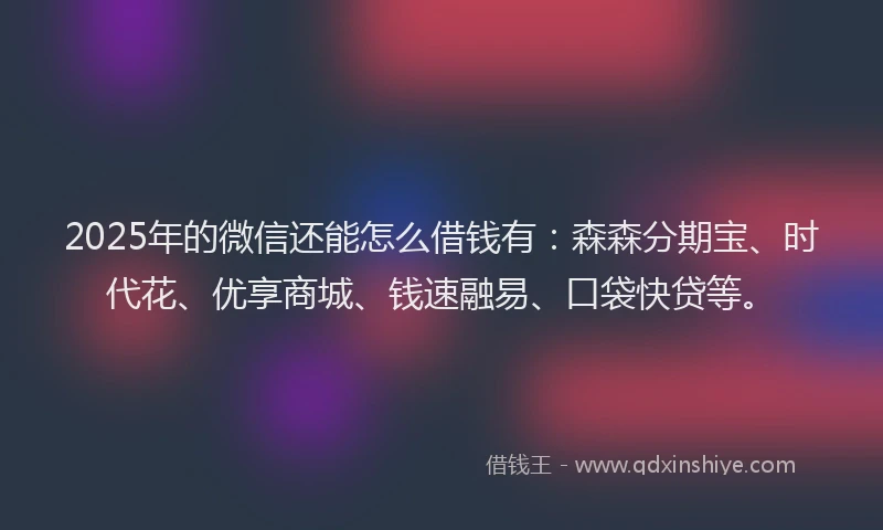 2025年的微信还能怎么借钱有：森森分期宝、时代花、优享商城、钱速融易、口袋快贷等。
