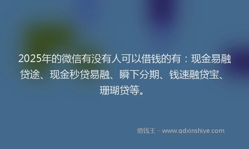 2025年的微信有没有人可以借钱的有：现金易融贷途、现金秒贷易融、瞬下分期、钱速融贷宝、珊瑚贷等。