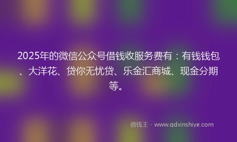 2025年的微信公众号借钱收服务费有：有钱钱包、大洋花、贷你无忧贷、乐金汇商城、现金分期等。