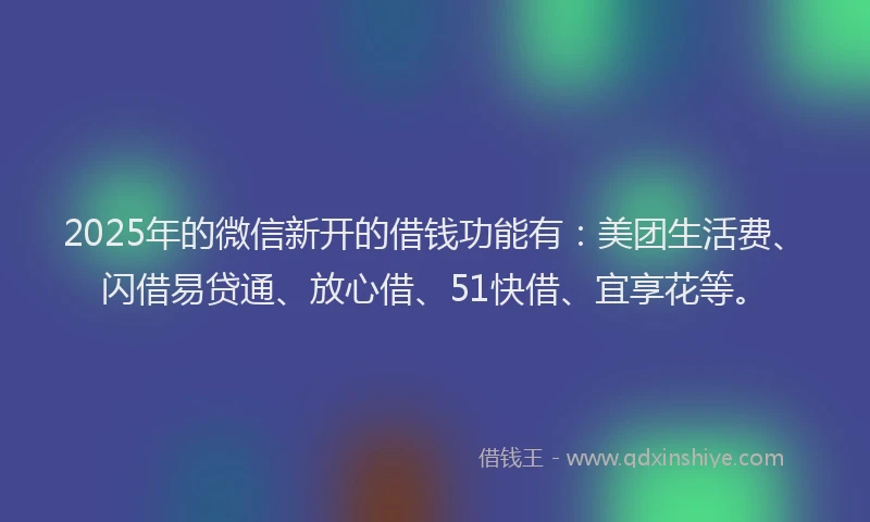 2025年的微信新开的借钱功能有：美团生活费、闪借易贷通、放心借、51快借、宜享花等。