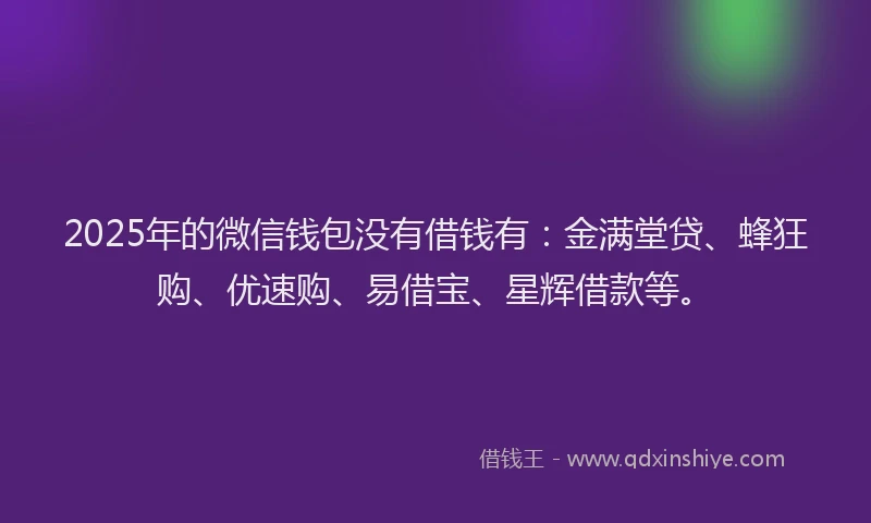 2025年的微信钱包没有借钱有:金满堂贷、蜂狂购、优速购、易借宝、星辉借款等。