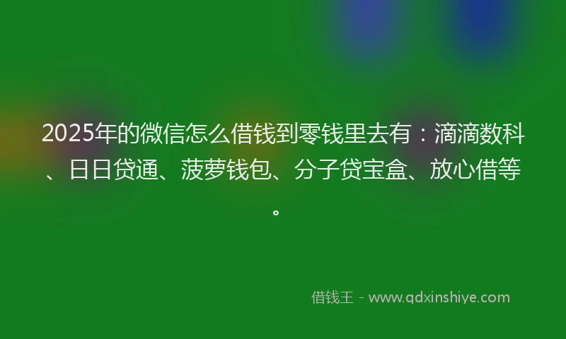 2025年的微信怎么借钱到零钱里去有：滴滴数科、日日贷通、菠萝钱包、分子贷宝盒、放心借等。