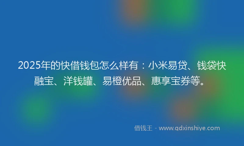 2025年的快借钱包怎么样有：小米易贷、钱袋快融宝、洋钱罐、易橙优品、惠享宝券等。