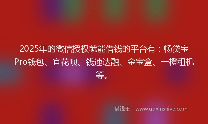 2025年的微信授权就能借钱的平台有：畅贷宝Pro钱包、宜花呗、钱速达融、金宝盒、一橙租机等。
