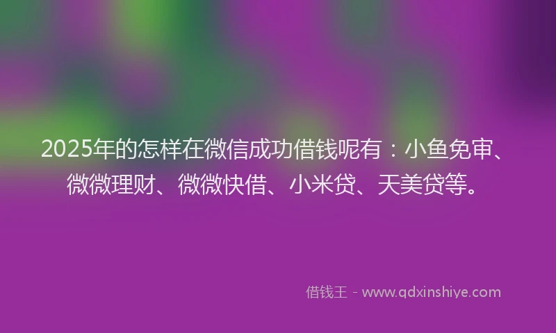 2025年的怎样在微信成功借钱呢有：小鱼免审、微微理财、微微快借、小米贷、天美贷等。