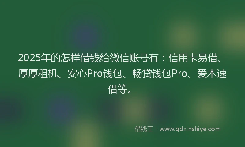 2025年的怎样借钱给微信账号有：信用卡易借、厚厚租机、安心Pro钱包、畅贷钱包Pro、爱木速借等。