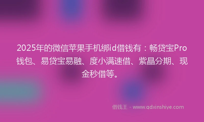 2025年的微信苹果手机绑id借钱有：畅贷宝Pro钱包、易贷宝易融、度小满速借、紫晶分期、现金秒借等。