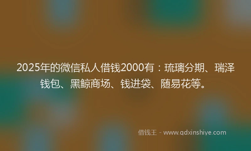 2025年的微信私人借钱2000有：琉璃分期、瑞泽钱包、黑鲸商场、钱进袋、随易花等。