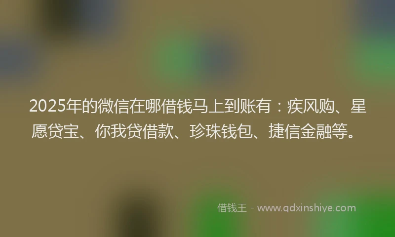 2025年的微信在哪借钱马上到账有：疾风购、星愿贷宝、你我贷借款、珍珠钱包、捷信金融等。