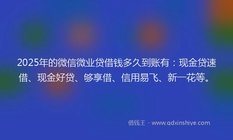 2025年的微信微业贷借钱多久到账有：现金贷速借、现金好贷、够享借、信用易飞、新一花等。