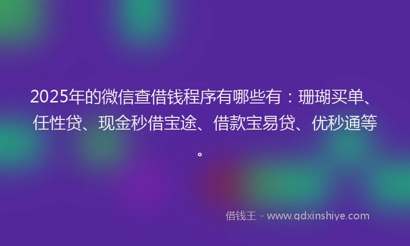 2025年的微信查借钱程序有哪些有：珊瑚买单、任性贷、现金秒借宝途、借款宝易贷、优秒通等。